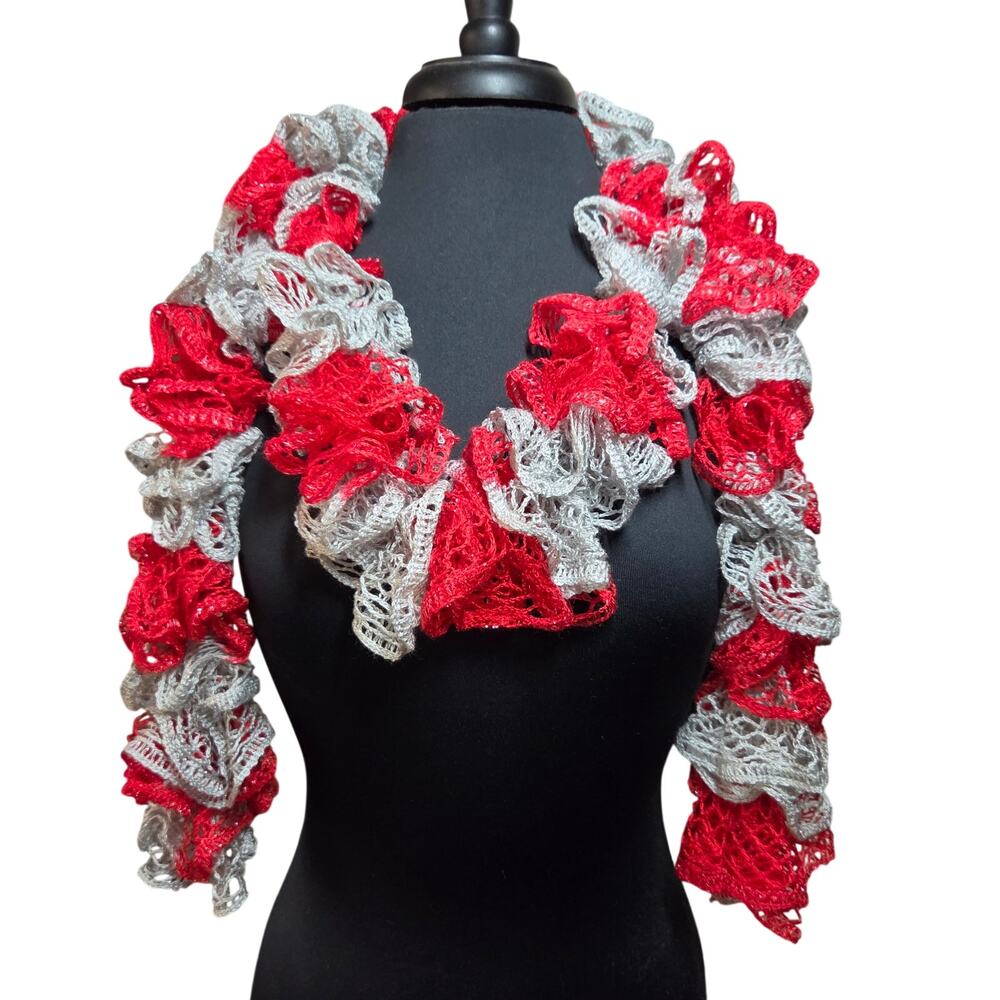 Handmade Crochet Ruffle Scarf Metallic Gray and Red